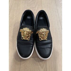 Versace Black Leather Slip-On Sneakers With Gold Medusa Detail